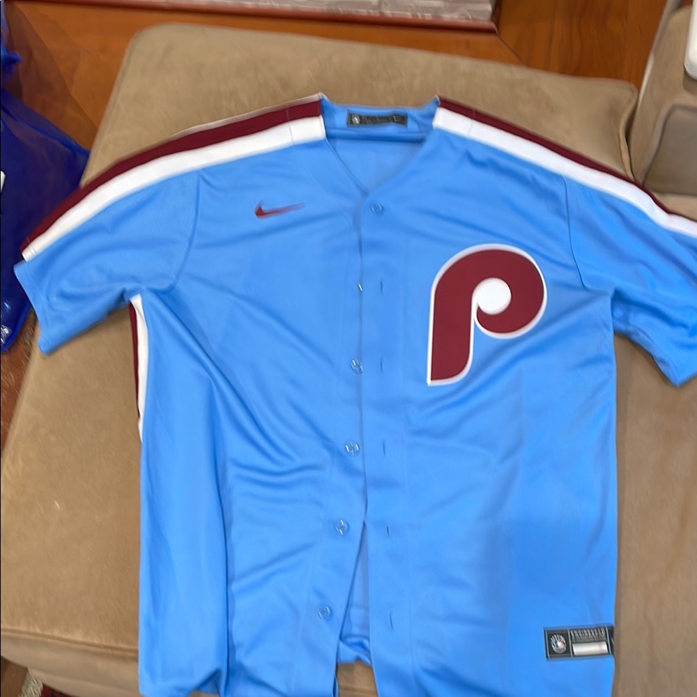 Nike Light Blue and Maroon Baseball Jersey